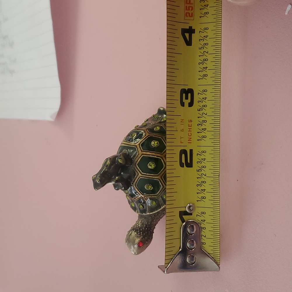 Brass Green Enamel Frog Riding a Turtle Jeweled Trinket Box - Picture 7 of 7